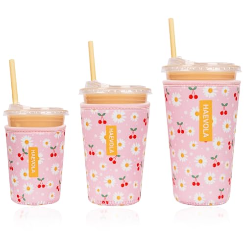 Reusable Insulated Neoprene Iced Coffee Cup Sleeve, Durable Drink Sleeve for Cold Beverages, Beverage Holder for Iced Coffee (Cherry Daisies) - color: Cherry Daisies