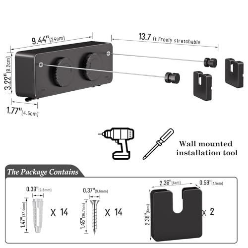 Danpoo Retractable Clothesline, Anti-Sag Adjustable Knob Heavy-Duty Clothes Line for Indoors/Outdoors with 2 * 13.8ft Stainless Steel Wire, Laundry Wall Drying Solutions,Black - style: Black