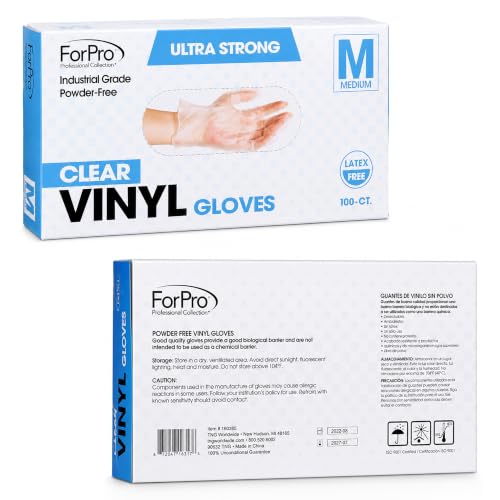 ForPro Disposable Vinyl Gloves, Industrial Grade, Powder & Latex Free, Non-Sterile, Food Safe, 2.75 Mil Palm, 3.9 Mil Fingers - color: Clear, size: Medium (Pack of 100)