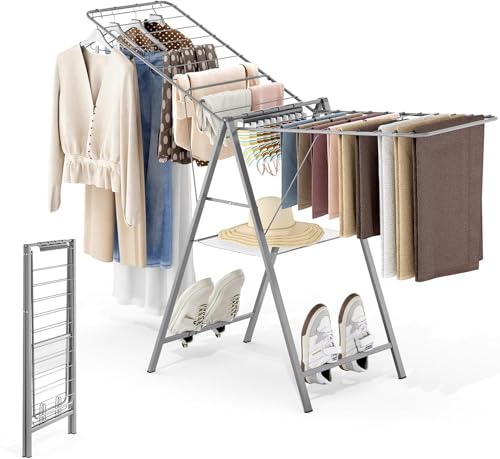 APEXCHASER Ultra Thin Drying Rack for Clothing, Foldable Clothes Drying Rack with Enhanced Capacity, Convenient and Space-Saving Laundry Rack with Adjustable Wings - color: Grey-1