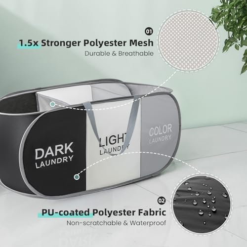 Collapsible Laundry Baskets with 3 Compartments, Black + Grey + Begie - color: Black + Grey + Begie