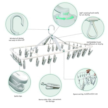 Plastic PP Drying Hanger, Anti-Rusty Drying Rack for Clothes, Socks, Lingeries, Delicates, Drying Hanger with 32 Clips for Baby Clothes, Towels - style: 32 Clips