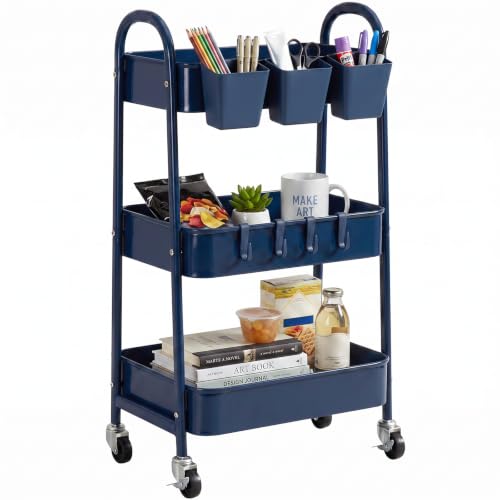 danpinera 3-Tier Rolling Cart, Utility Cart Mobile Metal Rolling Storage Cart with Lockable Wheels & Hanging Cups & Hooks for Kitchen, Bathroom, Office, Workshop, Dark Blue - color: Dark Blue, size: 3 tier