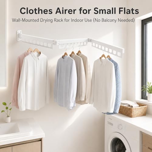 Clothes Drying Rack Carbon Steel Laundry Drying Rack Collapsible White Wall Mounted Clothes Rack 45 Inch Clothes Hanger Rack with Hooks for Drying Clothes - color: White