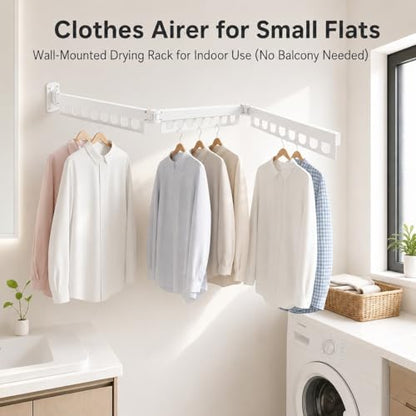 Clothes Drying Rack Carbon Steel Laundry Drying Rack Collapsible White Wall Mounted Clothes Rack 45 Inch Clothes Hanger Rack with Hooks for Drying Clothes - color: White