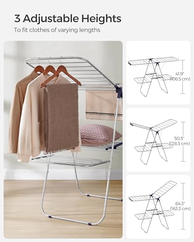 SONGMICS Clothes Drying Rack, Foldable 2-Level Stee Laundry Drying Rack - color: Silver + Blue, size: 2 Tiers（22"d x 61.8"w x 64.3''h )