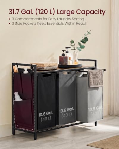 VASAGLE Laundry Hamper with Shelf, 3 Pull-Out Bags, 3 x 10.6 Gallons (40 L) - color: Tricolor + Rustic Brown, size: 3 Bags - 120 L