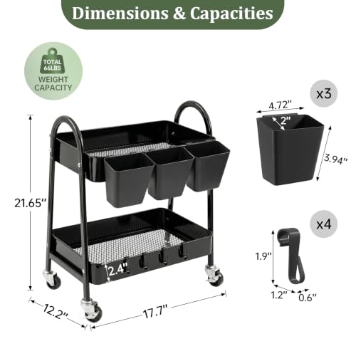 danpinera 2-Tier Rolling Cart, Utility Cart Mobile Metal Rolling Storage Cart with Lockable Wheels & Hanging Cups & Hooks for Kitchen, Bathroom, Office, Workshop, Purple - color: Black, size: 2 tier