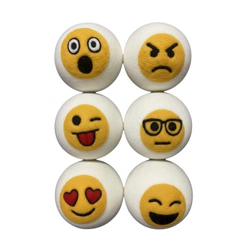 Ezhippie Quality Wool Dryer Balls - 6 XL Emoji Pack - 1000+ Loads - Pure Organic Wool - Reusable Natural Fabric Softener Perfect with Essential Oils, Reduce Clothing Static and Wrinkles - color: Six Emoji Balls