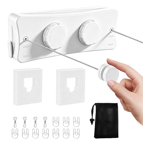 Retractable Clothesline Indoor & Outdoor, 16.7 Ft Non-Sagging Double Clothes Line, Retracting Heavy Duty Clothes Drying Laundry Line, Wall Mounted Stainless Steel Line (White, Dual Line) - color: White