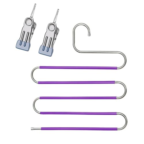 Pants Hangers Space Saving Clothes Hanger for Closet, 5 Layer - color: Purple+silver