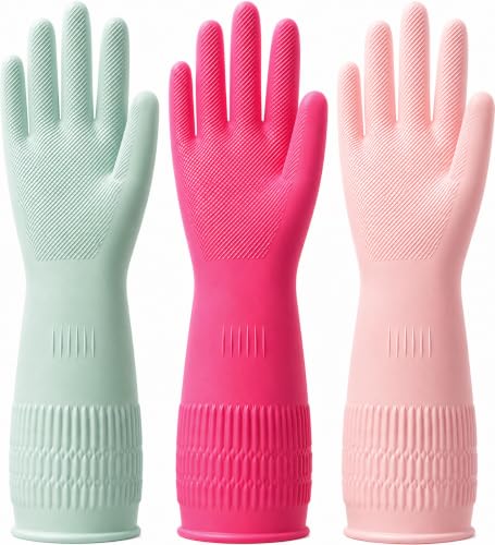 Rubber Dishwashing Gloves, 3 Pairs, Long Cuff Cleaning Gloves - color: Colors (3 Pairs), size: Small