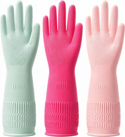 Rubber Dishwashing Gloves, 3 Pairs, Long Cuff Cleaning Gloves - color: Colors (3 Pairs), size: Large