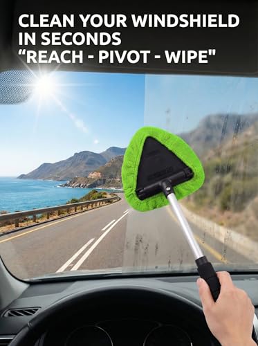 TAKAVU Window & Windshield Cleaner, Extendable, 3 Microfiber Pads (Green) - color: Green