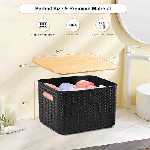 Ohmlove 4 Pack Storage Bins with Bamboo Lids,Stackable Box for Organization - color: Black