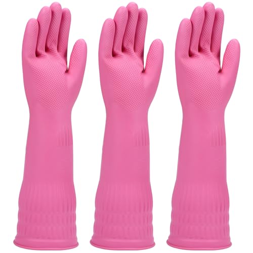 Rubber dishwashing gloves 3 or 6 Pairs for kitchen,Cleaning washing dish gloves long for household reuseable durable. - color: Pink, size: Large (Pack of 3)