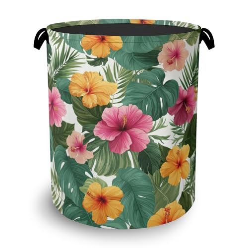 Hibiscus Laundry Basket,Palm Leaves Foldable Oxford Cloth Tote Bag Laundry Hamper Clothes Storage Bucket Organizer for Bedroom Laundry Storage Dormitories 16" x 20.8" - color: Hibiscus Palm Leaves
