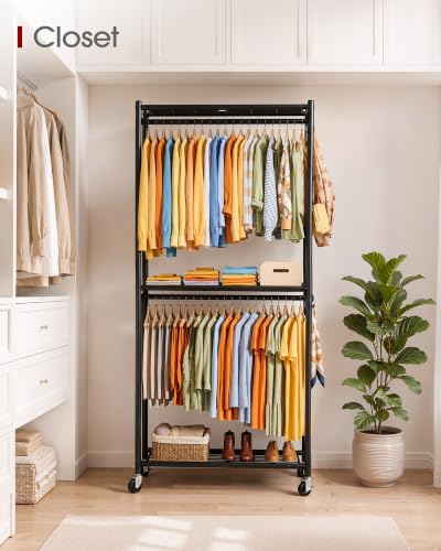 Sakugi Clothes Rack - 33.0" x 12.2" x 79.5" Clothing Rack with Shelves & Wheels, Multi-Functional Wardrobe Closet with Hooks, Sturdy Metal Garment Rack for Bedroom, Laundry, Balcony (Black) - color: Black, size: Large