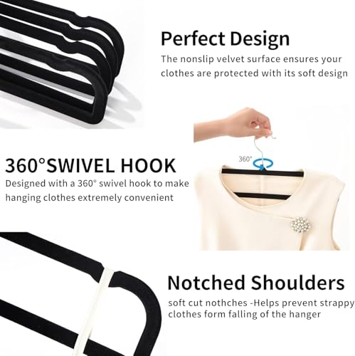 Velvet Hangers Non Slip - 20 Pack Pants Hangers for Closet - Thin Space Saving Clothes Hanger - Strong, Durable, Jean Perchas with 360 Degree Rotatable Hook for Tank Top (Black Silver Hook) - color: Black Silver Hook