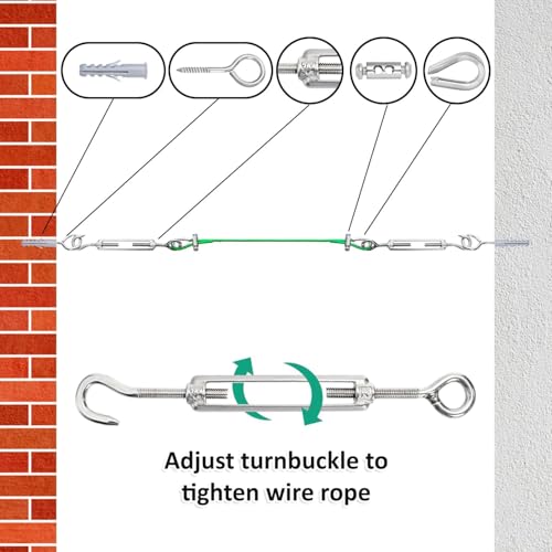 Elsjoy 100FT Cable Wire Turnbuckle Kit, 1/8" Green PVC Coated Wire Rope M5 Turnbuckle Tensioner Kit, Stainless Steel Outdoor Hanging Cable for Grape Vine, Clothes Line, Garden