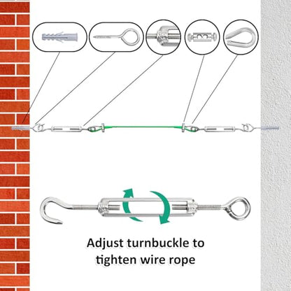 Elsjoy 100FT Cable Wire Turnbuckle Kit, 1/8" Green PVC Coated Wire Rope M5 Turnbuckle Tensioner Kit, Stainless Steel Outdoor Hanging Cable for Grape Vine, Clothes Line, Garden