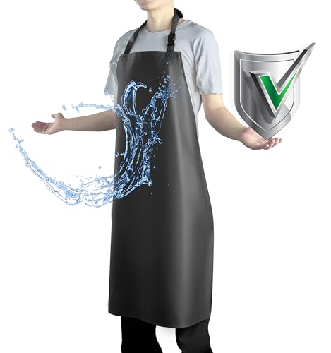Waterproof Apron with Comfortable Adjustable Bib Rubber Vinyl Dishwasher Heavy Duty Apron for Men Women Dishwashing - color: Black