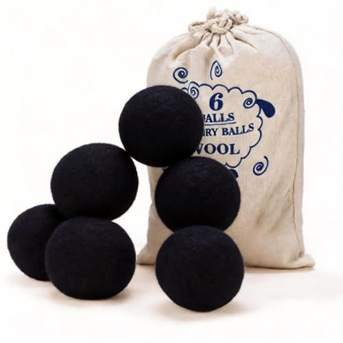 Wool Dryer Balls, New Zealand Dryer Balls Laundry Reusable Reduce Static Cling, Dryer Ball to Reduce Wrinkles & Shorten Drying Time, Drying Balls for Laundry(Pack of 6) (Black) - color: Black