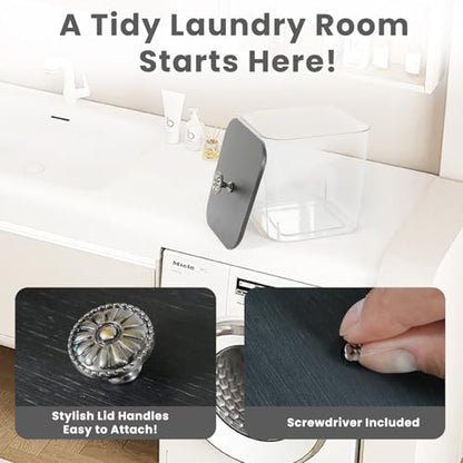 4 Pack Laundry Pods Container & Dryer Sheet Holder - Clear Plastic Laundry Room Organization Storage Containers with Black Lids, Scoops & Labels for Detergent Pods, Powder, Scent Boosters, Beads