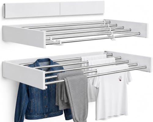Wall Mounted Clothes Drying Rack, Foldable Retractable Laundry Rack with 5 Rods, 50 lb Capacity, Space Saving, White