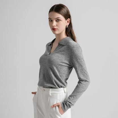 GreenMount Women's Deep V-Polo Casual Loose Cashmere Sweater Pullover Lapel Long Sleeve for Women Keep 37.5° Warm - color: Lightgrey(spring/Summer), size: Small