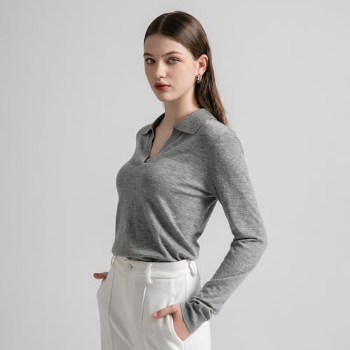 GreenMount Women's Deep V-Polo Casual Loose Cashmere Sweater Pullover Lapel Long Sleeve for Women Keep 37.5° Warm - color: Lightgrey(spring/Summer), size: Large