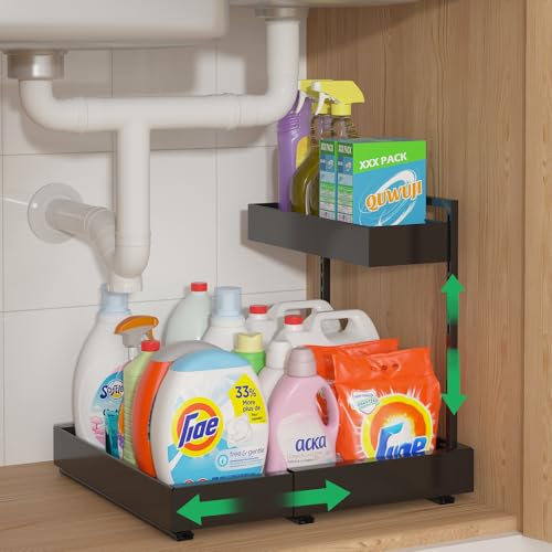 REALINN Under Sink Organizer, L-Shaped Pull Out Cabinet Rack for Kitchen - color: Black, size: 1 Pack