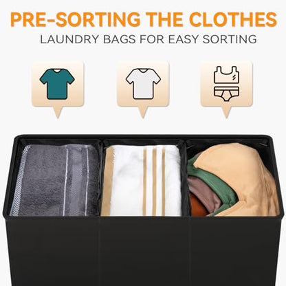 WOWLIVE 180L Laundry Hamper 3 Section, Large Laundry Basket with Lid - color: Black, size: 180l (31.5"L x 12.5"W x 28"H)