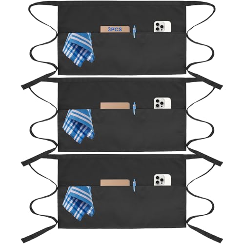 Serrenf 3 Pcs Server Apron with 3 Pockets, aprons for women with pockets, waterproof apron with waitress apron, aprons for men black apron