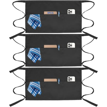 Serrenf 3 Pcs Server Apron with 3 Pockets, aprons for women with pockets, waterproof apron with waitress apron, aprons for men black apron
