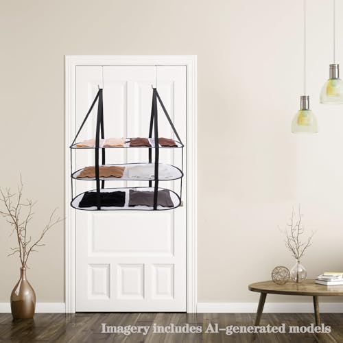 3-Tier Sweater Drying Rack Over The Door, Foldable Mesh Hanging Dryer Flat with Hooks, Large Breathable Laundry Drying Hanger, Clothes Lay Flat Dryer for Apartments Dorms Bathrooms