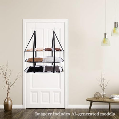 3-Tier Sweater Drying Rack Over The Door, Foldable Mesh Hanging Dryer Flat with Hooks, Large Breathable Laundry Drying Hanger, Clothes Lay Flat Dryer for Apartments Dorms Bathrooms