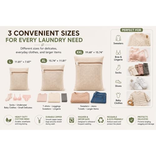 Cotton Mesh Laundry Bags, Set of 3 Premium Soft Undyed Wash Bags for Delicates, Bras, Underwear, Clothes and Shoes, Natural Breathable Washer and Dryer Safe Laundry Protector Bags - color: milky white, size: Medium