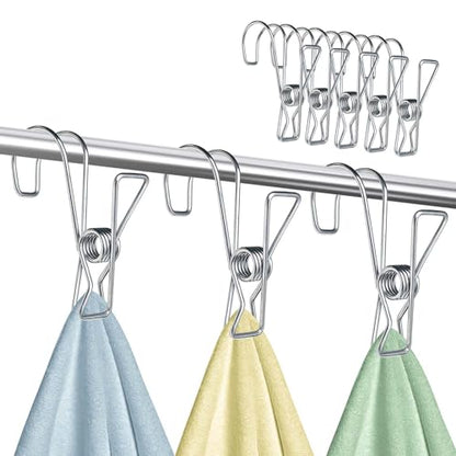 12+2 PCS 304 Stainless Steel Short Tail Hanger Clip with Hook, Durable Hanging Clips, Heavy Duty Multifunctional Hangers Use for Display Storage Items