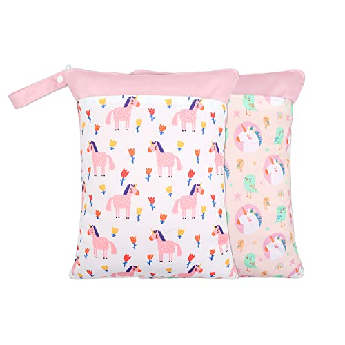 2 Pack Wet Dry Bags for Baby Cloth Diapers&Breast Pump Parts, Waterproof Reusable Wet Bag with Two Zippered Pockets & Handle, Beach Pool Gym Bag Stroller Yoga Toiletries Daycare Organizer for Swimsuit Wet Clothes, 11.8 inch x 15.7inch - color: Pink