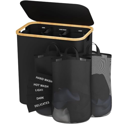 145L Laundry Hamper with Lid, 3 Section Laundry Basket with 3 Removable Bag - color: Black, size: 145L