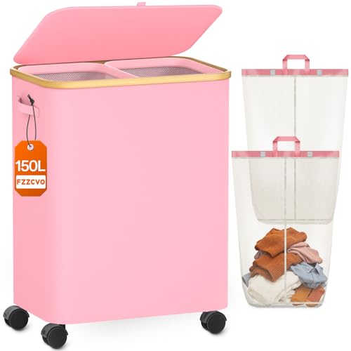 Double Laundry Basket with Wheels and Lid, 150L Clothes Hampers for Laundry - color: Pink, size: 150L