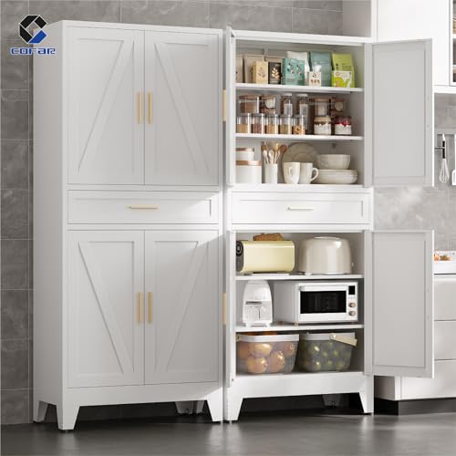 COFaR 71 in Tall Kitchen Pantry Cabinet with Drawer, Metal Pantry Storage Cabinet with 4 Adjustable Shelves and 4 Barn Doors, White Freestanding Farmhouse Food Cupboard for Dining Room - color: White, size: 15.75''D × 31.5''W × 70.87''H-L07