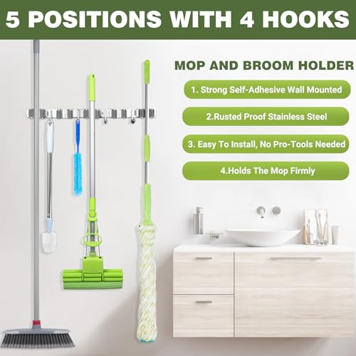 UNIFUN Broom Holder Wall Mount, 5 Racks 4 Hooks, Stainless Steel Organizer