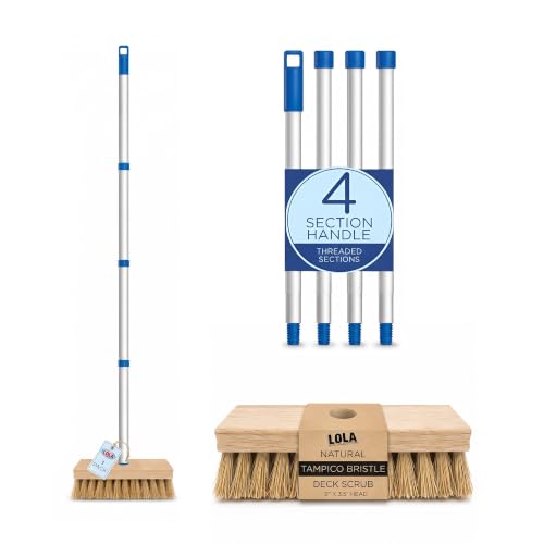 LOLA Deck Scrub Brush, 9" x 3.5" Head w/Tampico Bristles for Outdoor Cleaning, Removes Dirt & Grime from Patios, Decks, Grout, 1 Count - color: Tampico Deck Broom -Steel Handle, size: 1 Count
