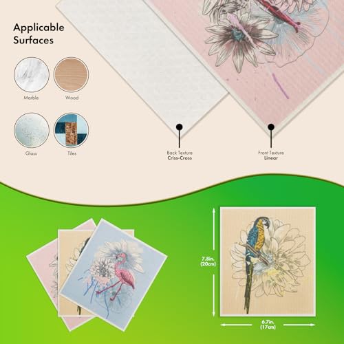 Swedish Dishcloths for Kitchen, 6 Pack Birds Flower Swedish Dish Towels with Clips, Reusable Paper Towels Washable Non-Scratch Super Absorbent Cellulose Sponge Cloths, Biodegradable No Odor - color: Birds Flower