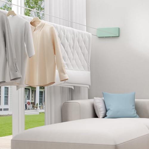 Retractable Clothesline Indoor, Non-Sagging Clothes line retracting Outdoor, Heavy Duty Wall Mounted Laundry Line Adjustable Stainless Steel for Laundryroom, Bathroom, 15.8 Feets Double Lines Green - style: Green