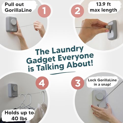 GorillaLine Max – Retractable Clothesline Indoor Outdoor, Non-Sagging Heavy Duty Clothes Drying Line, Wall Mounted Drying Rack, Air Dry Clothing, Max Tighten with GorillaGrip - color: Light Gray Max
