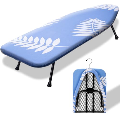 SheeChung Small Ironing Board 12"x32",Mini Ironing Board with Metal Mesh - style: Blue Leaf-32x12