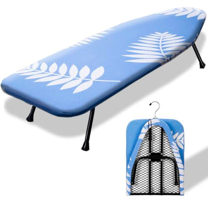 SheeChung Small Ironing Board 12"x32",Mini Ironing Board with Metal Mesh - style: Blue Leaf-32x12